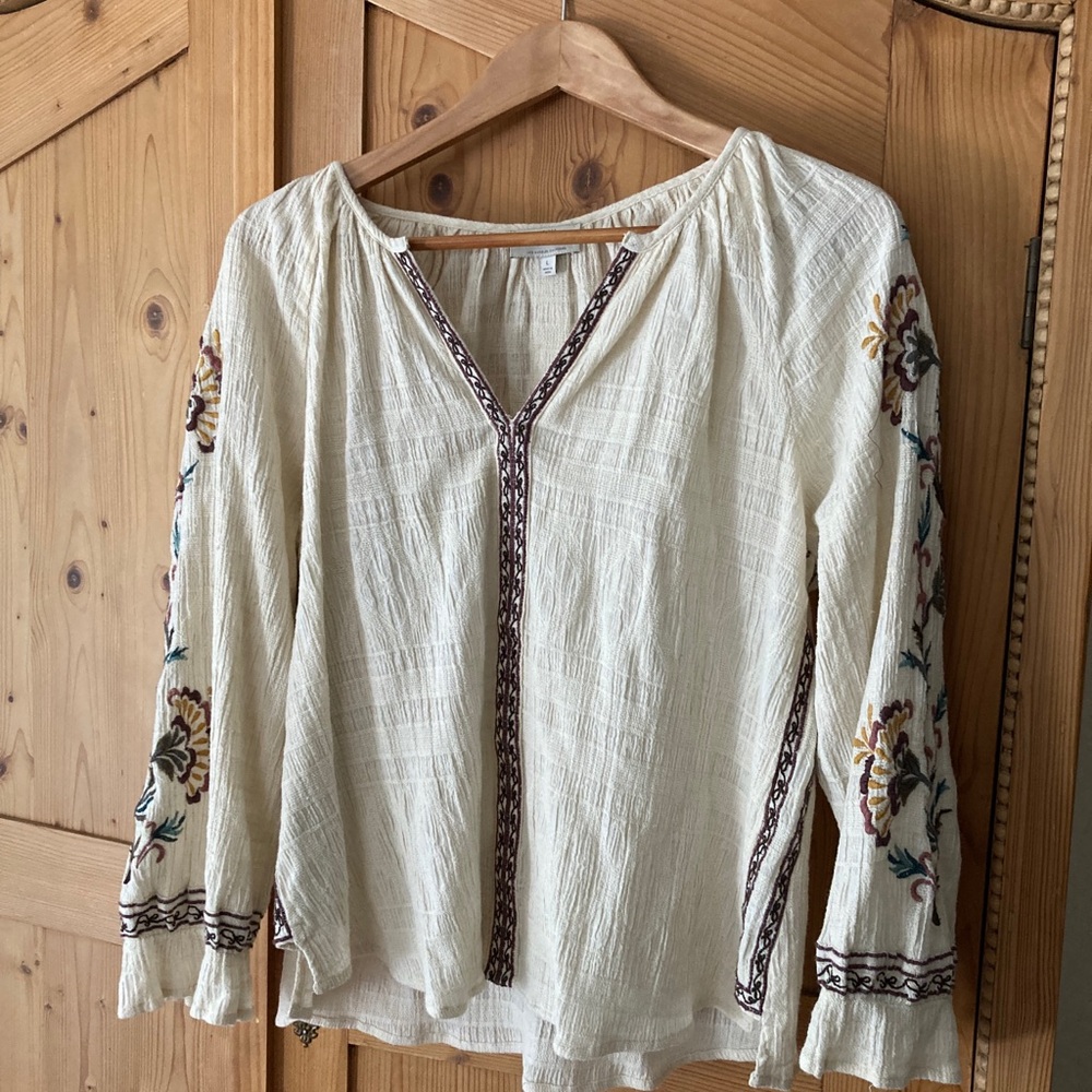 Lucky Brand Embroidered Cream Peasant Blouse